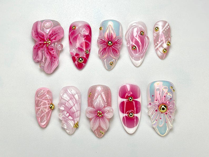 Floral Reverie Press On Nail Bundle | 3 Handmade Floral Nail Sets | Pink Blossom Nails | Reusable Nail Kit| OB104L