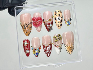 Leopard Rhinestone Press On Nails | Bold Animal Print Fake Nails | Girls Don’t Cry Nail Art | 3D Lips & Crystal Press Ons |Nail Art |OB910YK