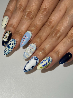Easter Bunny Blue Press On Nails | 3D Rabbit Nail Art | Delft Blue Floral Nails | Cute Spring Easter Nail Set| Handmade Press Ons | OB1300HC