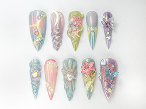Fairycore Pastel Press-On Nails | Pastel Nature-Inspired Nail | Dreamy Iridescent Design | Butterfly 3D Nail Art | Nature-Inspired | OB730HK