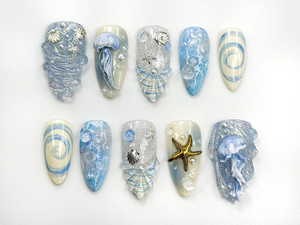 Ocean Dream Jellyfish Press On Nails | Blue Sea Fantasy Nail Art Set | 3D Shell & Starfish Nails | Handmade Oceanic Nail Design | OB782HC