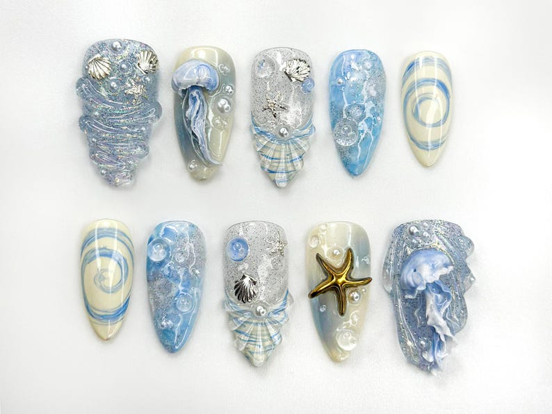 Ocean Dream Jellyfish Press On Nails | Blue Sea Fantasy Nail Art Set | 3D Shell & Starfish Nails | Handmade Oceanic Nail Design | OB782HC