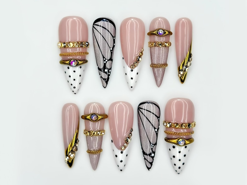 Butterfly Elegance Luxury Press On Nails | Nude Gold Crystal Nail Set | Crystal Wing Nail Art | Spring Butterfly | OB269EC