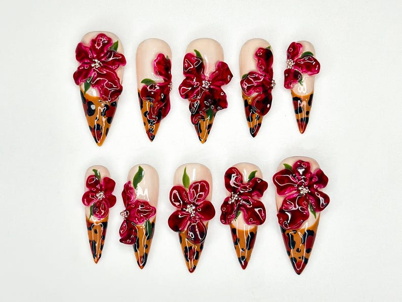 Tropical Orchid Fall Press On Nails | Handmade Floral Nail Art | Elegant Floral Press Ons |Elegant Orchid Nail| Leopard Print Nails| OB179HC