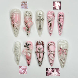 3D Pink Gothic Cyber Nails | Silver Chrome Cross Press Ons | Ethereal Grunge Liquid Metal Nails | Y2K Punk Butterfly Press Ons | OB362IC