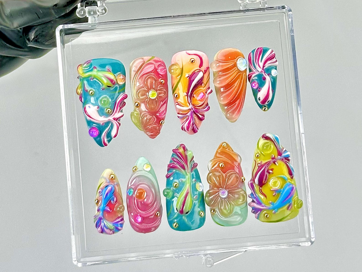 Colorful 3D Press On Nails by Dorynail | Swirl Rainbow Fake Nails | Swirly Neon Nail Art |Multicolor 3D Nail Art |Psychedelic Nails|OB796YC