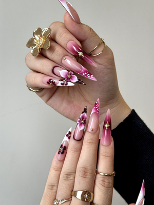 Elegant Floral Press On Nails | 3D Floral Ombre Nails | Burgundy & Pink Gradient Nail Art | Luxury Handmade Press Ons | OC881HC