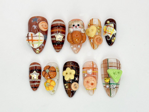 Kawaii 3D Cat Press On Nails | Cute Autumn Plaid Nails | Cat & Plaid 3D Nail Set | Handmade Kawaii Nail Set | Autumn Inspired | OB594HC