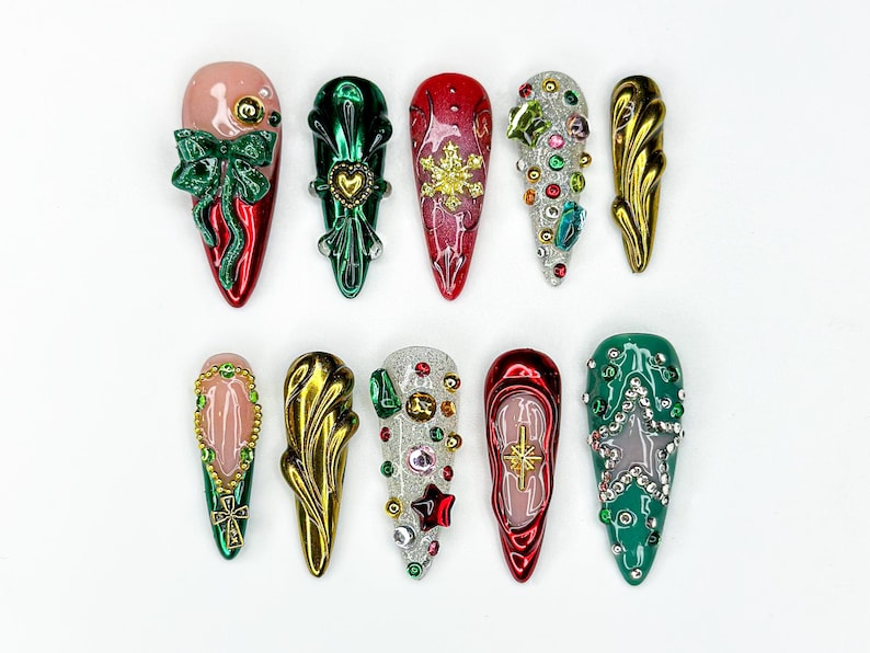 Luxe Ornament Christmas Press On Nails | 3D Holiday Nail Art | Red & Green Chrome Nails | Rhinestone Design | Festive Press Ons | OB214HC