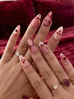 Press On Nails Adhesive Tabs – Pink Red Heart & Bow Design Long Almond Handmade Fake Nails for Valentine Gift | OB5L
