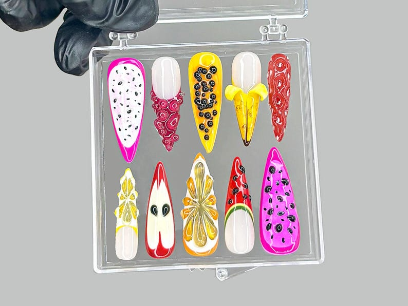 Tropical Fruit Press On Nails | Dragonfruit & Banana Nail Art | Colorful Fruit Press Ons | Kawaii Fruit Fake nails | Summer Nails | OB953YK