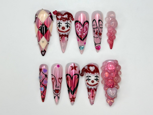 Gothic Valentine Clown Heart Press On Nails for Dark Romance Girls, Handmade Long Pink Chrome Fake Nails, Alternative Love Nail,OB278EC