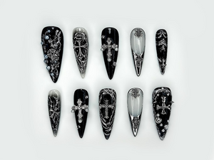 Gothic Cross Elegance Press On Nails | Black & Silver 3D Nail Art | Intricate Crosses And Pearls | Dark Gothic Fantasy Nails |OB1045EP