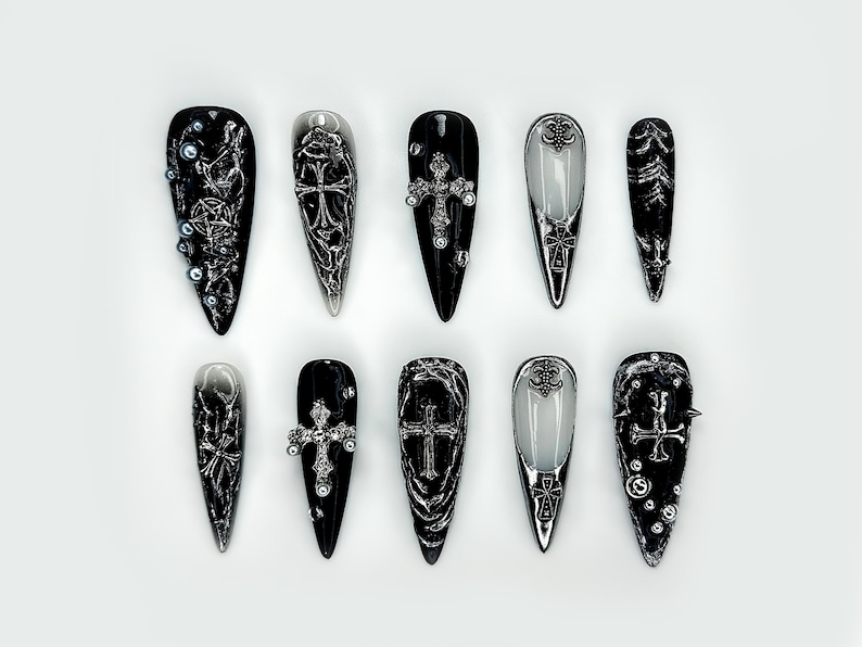 Gothic Cross Elegance Press On Nails | Black & Silver 3D Nail Art | Intricate Crosses And Pearls | Dark Gothic Fantasy Nails |OB1045EP
