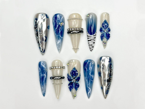 Blue Marble Blossom Press On Nails for Spring Blue | Handmade Nude & Sapphire Nails with Floral Art | Elegant Stiletto Nail Design |OB2890EC