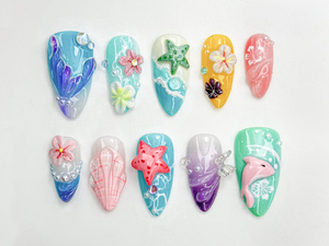 Tropical Starfish Press On Nails | Summer Ocean Beach Nail Set | 3D Starfish & Hibiscus Nail Art | Vibrant Mermaidcore Press Ons | OB794HC