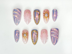Iridescent Sunshine Press On Nails | Golden Sun Nail Art | Sunshine & Waves with Gold Accents | Handmade Unique Nail Set | OB1098HC