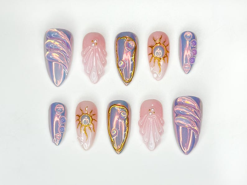 Iridescent Sunshine Press On Nails | Golden Sun Nail Art | Sunshine & Waves with Gold Accents | Handmade Unique Nail Set | OB1098HC