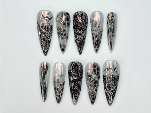 Press On Nails Adhesive Tabs – Black Silver Chrome Abstract Art Long Stiletto Handmade Fake Nails for Gothic Futuristic Look | OB2L