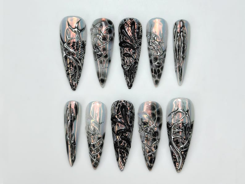Press On Nails Adhesive Tabs – Black Silver Chrome Abstract Art Long Stiletto Handmade Fake Nails for Gothic Futuristic Look | OB2L