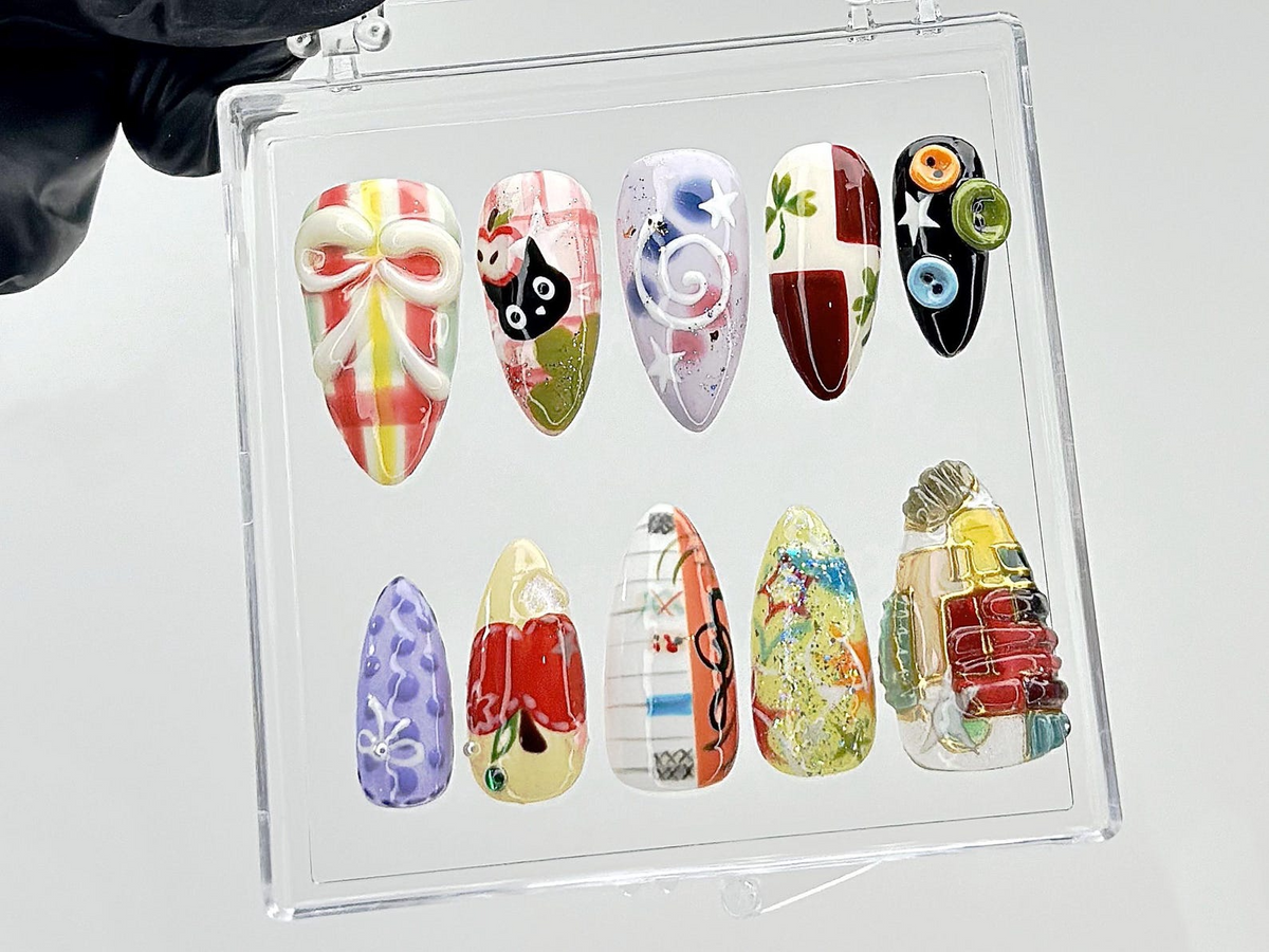 Jiji Cat & Colorful Abstract Press On Nails | Unique Cartoon Fake Nails | Whimsical Art Nail Art | Mixed Media Press Ons | Summer | OB880YC