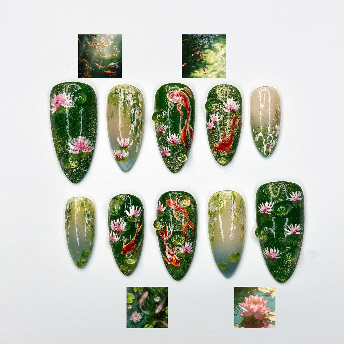 3D Koi Pond & Pink Lotus Press On Nails | Zen Garden Art | Luxury Moss Green Shimmer Stiletto Nails | Water Droplet Nail Art | OB387IC