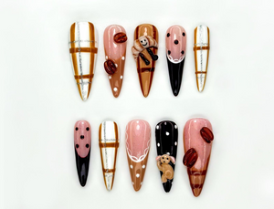 Teddy Bear Autumn Press On Nails | Fall & Autumn Coffee Nails | Cute Bear Nail Art | Plaid Neutral Nails | Handmade Luxury Nails |OB209EC