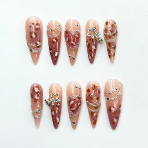 Leopard Print Press On Nails | Luxury Gyaru Y2K Stiletto Nails | Silver Star Chain Heart Fake Nails | OB405LK