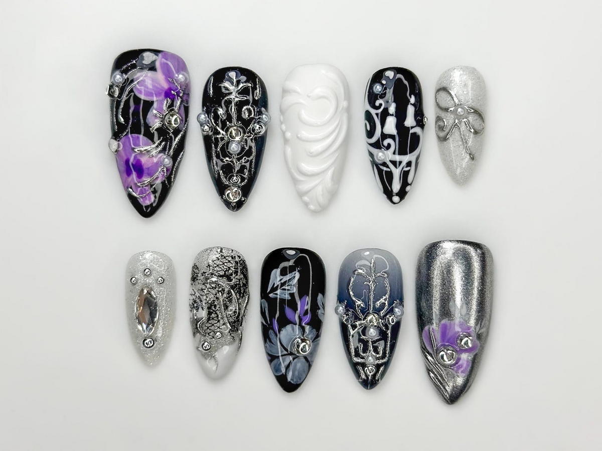 Gothic Violet Chrome Press On Nails | Black Silver Luxury Nails | 3D Baroque Floral Nails | Dark Elegant Nails | OC310HC