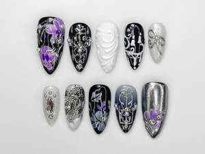 Gothic Violet Chrome Press On Nails | Black Silver Luxury Nails | 3D Baroque Floral Nails | Dark Elegant Nails | OC310HC