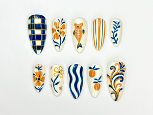 Summer Pottery Press On Nails | Blue Orange Floral Nail Art | Greek Pattern Summer Nails | Hand Painted Ceramic Style Nails | OC910HK