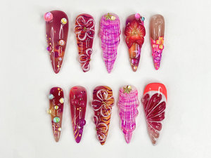 Midnight Sun Aesthetic Press On Nails, 3D Purple Seashell and Hibiscus Floral Nails, Maximalist Tropical Y2K Luxury Fake Nails, OB1287HK