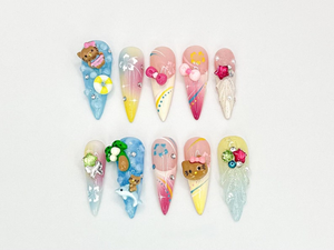 Kawaii Hello Kitty Press On Nails| 3D Tropical Nail Art | Cat & Plaid 3D Nail Set | Handmade Nail Set | Cute 3D Nail Art Design| OB619LC