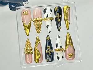 Black & Gold Luxury Press On Nails | Bold Cow Print Fake Nails | Golden Gothic Nail Art | Glam Cow Print, Cross Design Press Ons | OB919YK