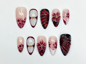 Burgundy Red Floral Press On Nails | 3D Wine Flower Nails | Dark Romantic Nail Art | Elegant Gradient Nails | Luxury Press Ons | OB324HK