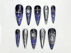 Chrome Purple Press On Nails | Midnight Cross Galaxy Nails | Gothic Celestial Nail Art | 3D Moonstone Nail Design | Mystical Nails | OC862H