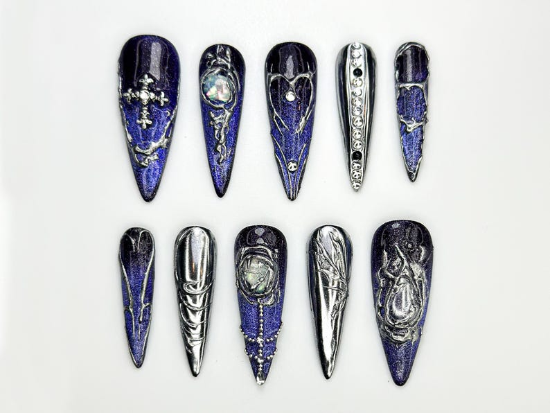 Chrome Purple Press On Nails | Midnight Cross Galaxy Nails | Gothic Celestial Nail Art | 3D Moonstone Nail Design | Mystical Nails | OC862H