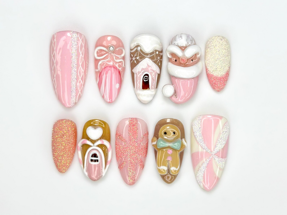 Pink Gingerbread Christmas Press On Nails | Festive Holiday Nail Art | 3D Santa & Candy Cane Nail Set | Handmade Pink Winter Nails|OB225EG