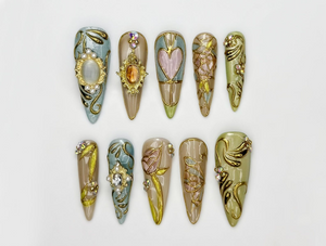 Baroque Stained Glass Press On Nails | Vintage Luxury Heart Nails | Handmade Victorian Aesthetic Nails | Handmade Stiletto Press Ons|OB311HC