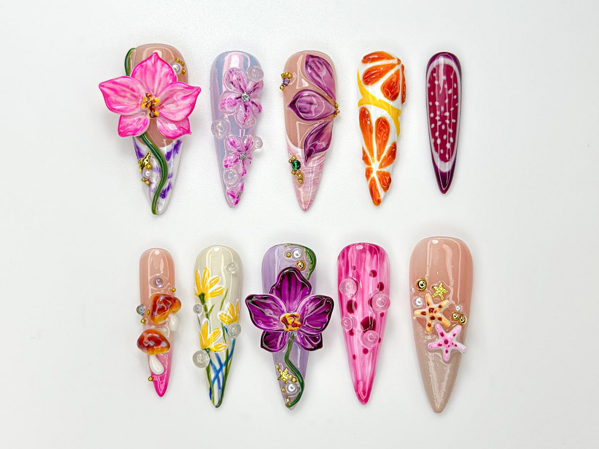 Summer Press On Nails Tropical Bloom | 3D Orchid & Fruit Nail Art | Colorful Summer Flower Design | Handmade Nature Nails | OB983HC