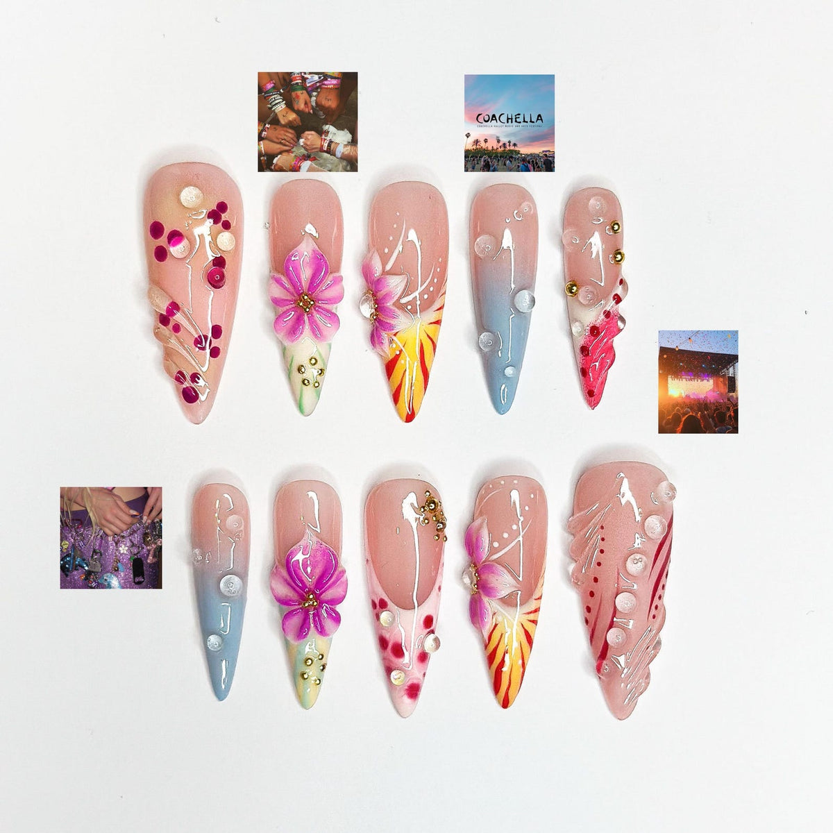 2026 Festival Trend: Hibiscus Tropical Nails | Sunset Glow Pink &Orange Ombre Nails|Flower Press Ons |Water Drop Summer Vacay Nails| OB364IC