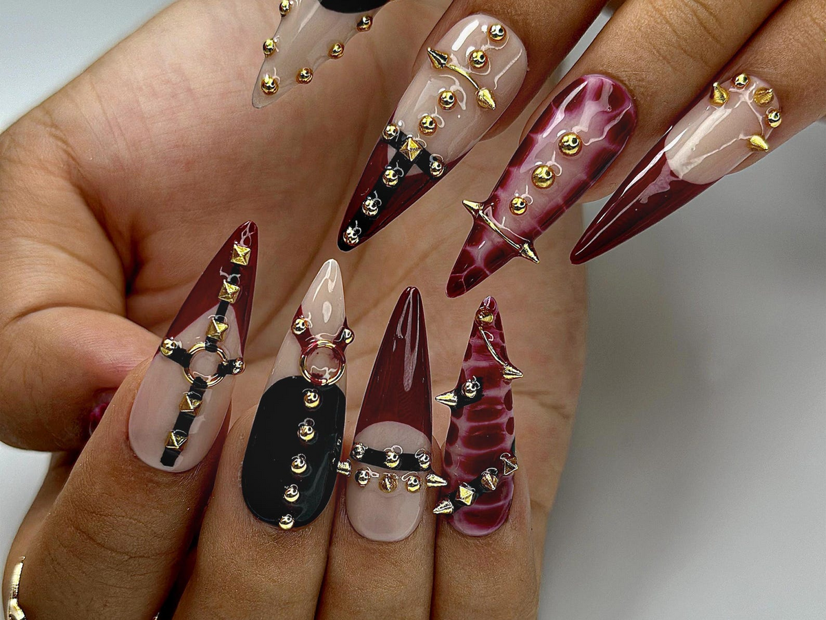 Gothic Punk Press On Nails | Red Marble & Studded Spiked Nail Art | Handmade Long Stiletto Nails | OC993EP