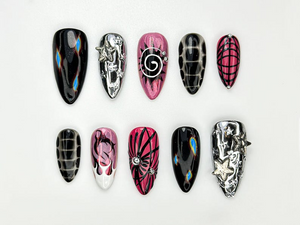 Y2K Black Pink Press On Nails | Silver Star Chrome Nails | Alt Fire Flame Design | Cyber Gothic Press Ons | Gothic Glam Nail Set | OC888H