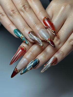 Chrome Glam Press On Nails | Red Green Gold Luxury Nails | Festive Glitter Stiletto Nails | Handmade Elegant Press Ons | OC1047HC