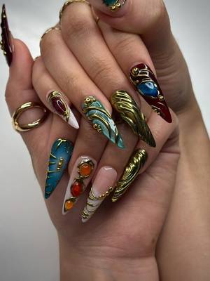 Colorful 3D Texture Press On Nails | 3D Gemstone Royalty Nail Art | Handmade Luxury Statement Nails | Elegant Fantasy Nail Set | OB148HK