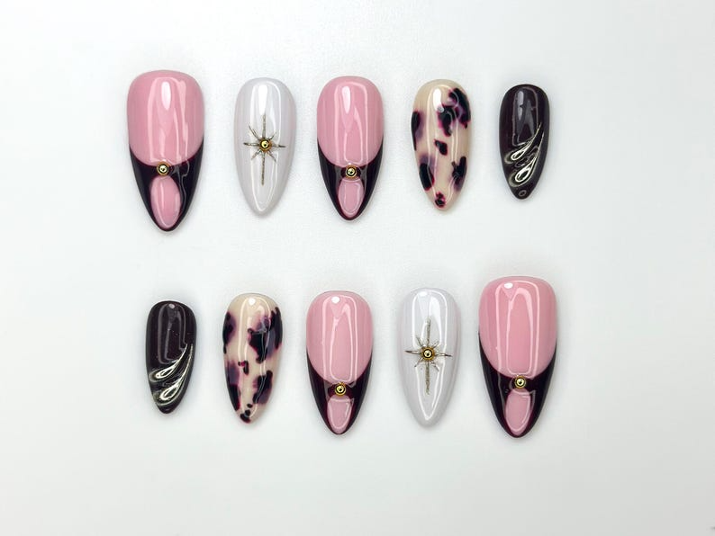 Pink Noir Star Press On Nails | Chic French Tip Nail Art | Leopard Accent Nails | Elegant Handmade Nail Set | OC1120BC