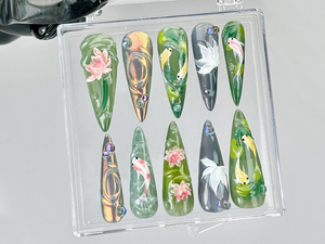 Koi Fish Nail Art by DoryNails | Japanese Pond Acrylic Nails | Water Garden Nail Art | Zen Inspired Fake Nails | Nature Aesthetic | OB808YK