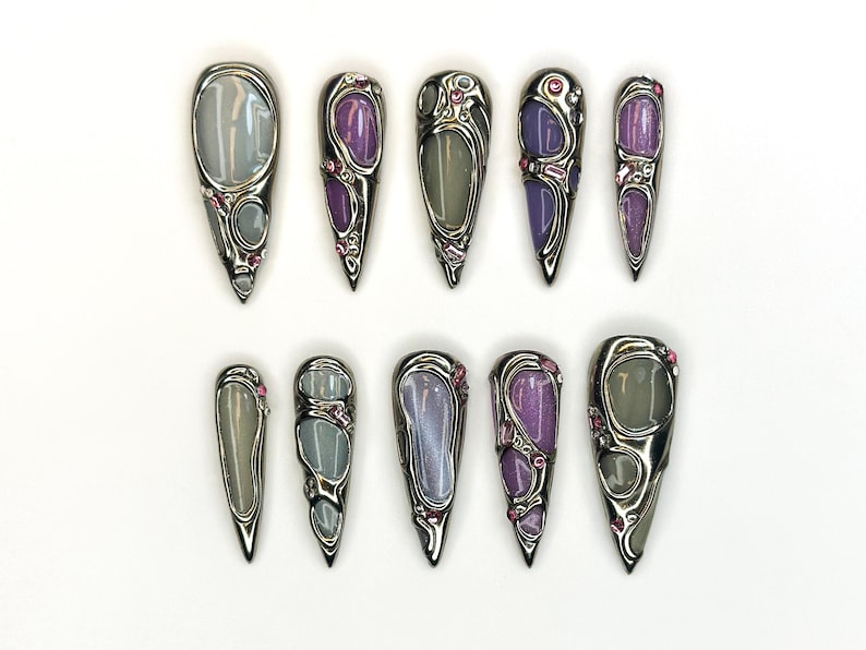 Futuristic Metallic Press On Nails | Silver Frame Nail Art | Gemstone Inspired Handmade Nails | Gray & Purple Luxury Nail Set | OC1158BC