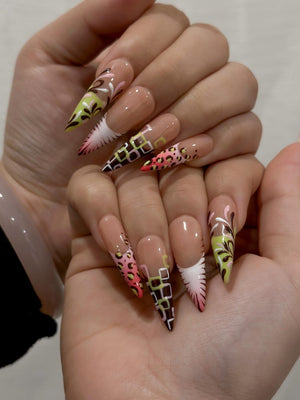 Modern Garden French Press On Nails | Playful Floral & Polka Dot Nails | Luxury Nude Base Press Ons | Playful Garden Nail Art | OC1273EC