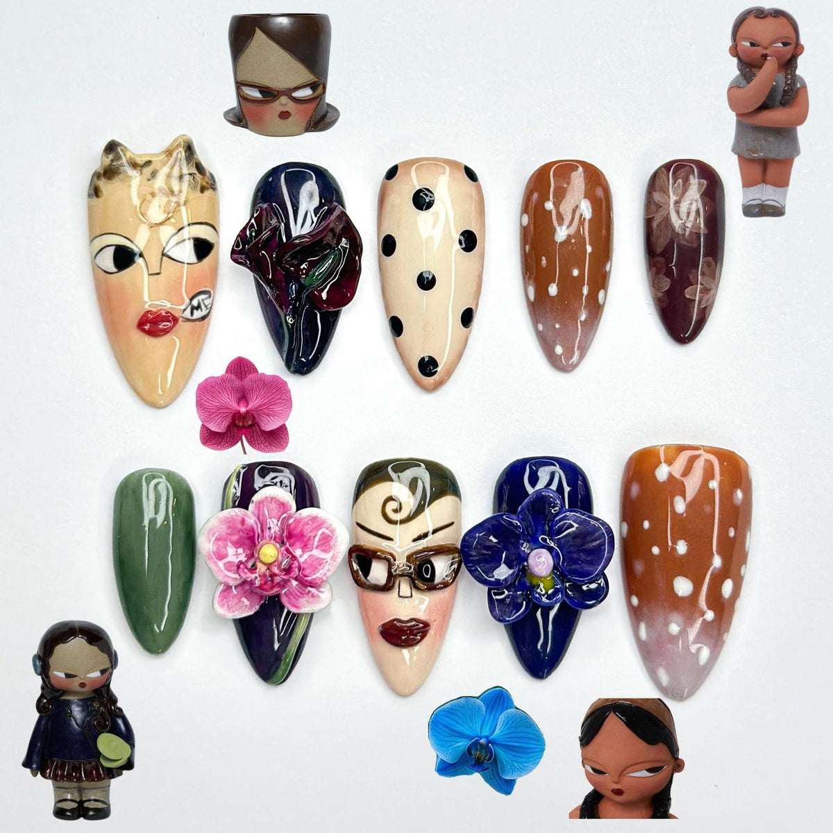 Vintage Doll Face Press On Nails | Abstract Portrait Nail Art | 3D Orchid Nails |Indie Fashion Aesthetic Press Ons |Handmade Nails | OB382HK
